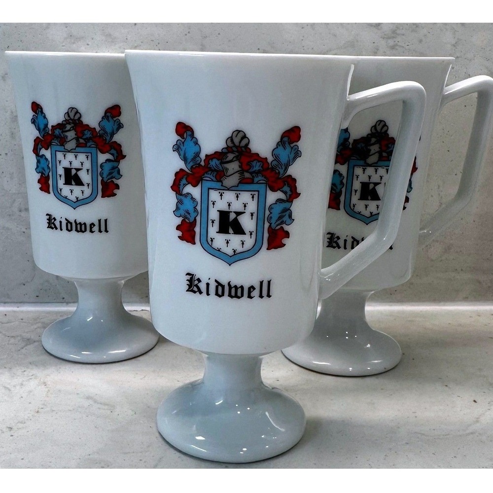 Vintage Kidwell Family Crest Milk Glass Irish Coffee Mugs Set of 3 Footed Cups